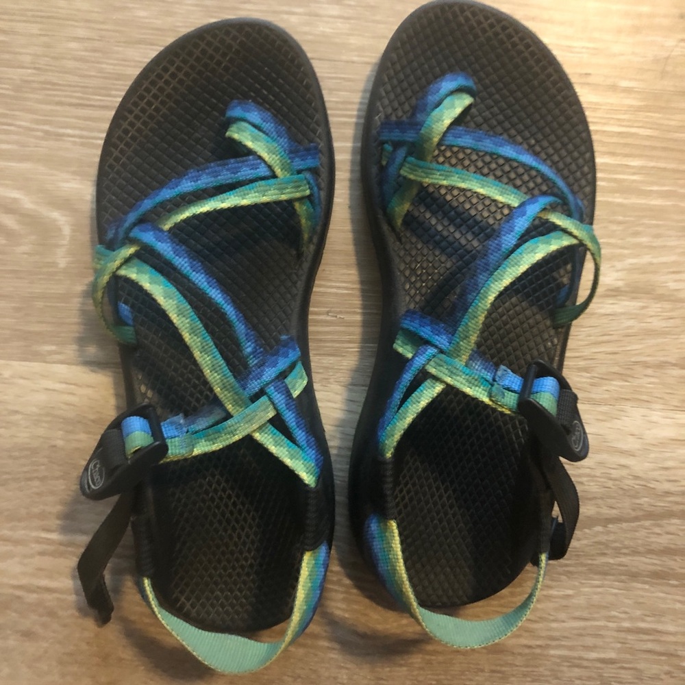 CHACO sandals blue green print